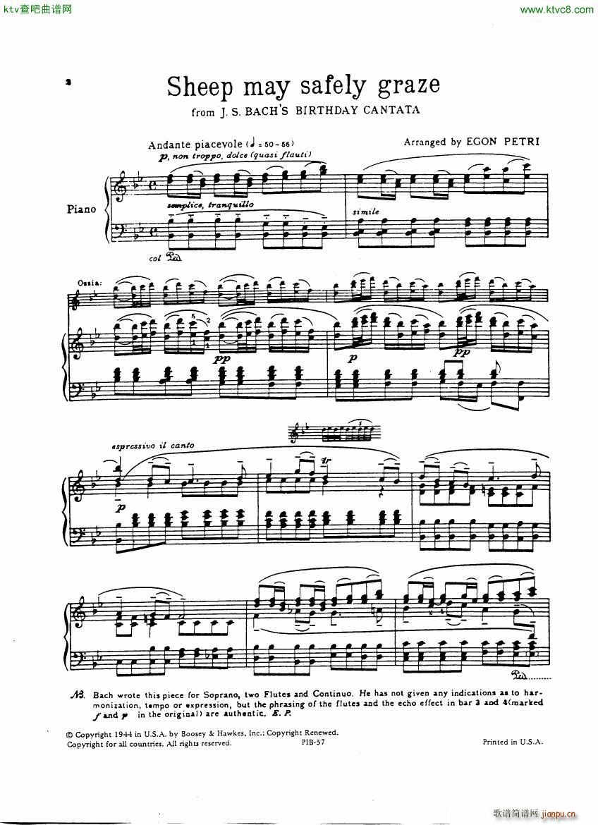 Bach JS BWV 208 Sheep May Safely Graze arr Petri(钢琴谱)1