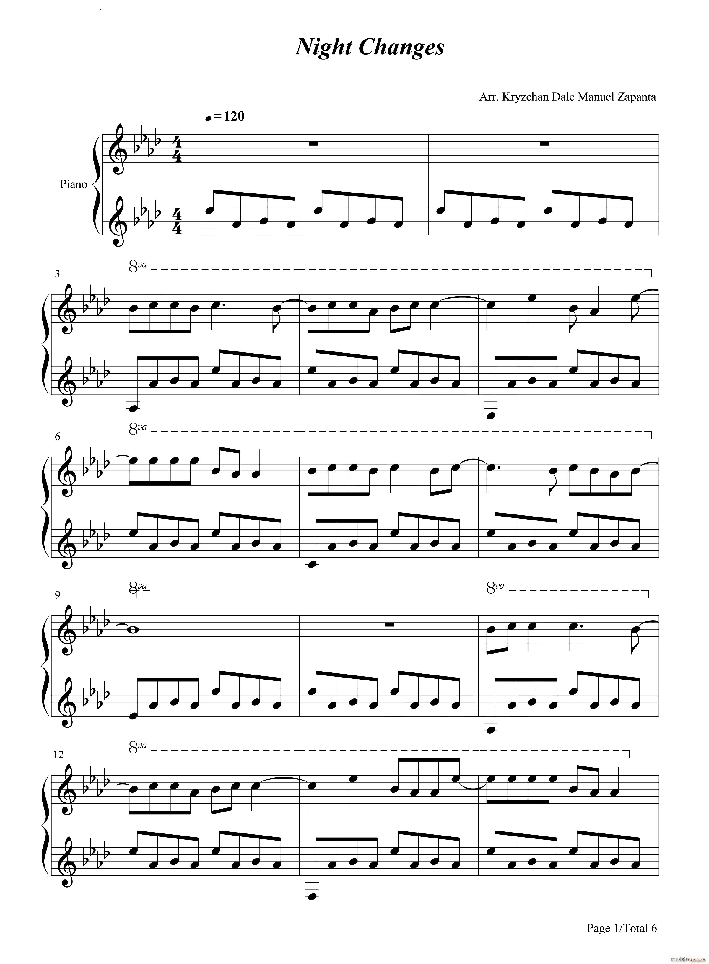 Night Changes夜色渐浓钢琴版(钢琴谱)1