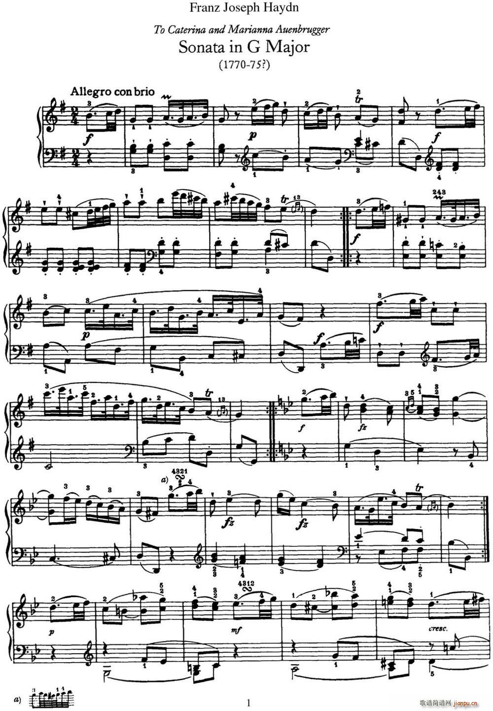 海顿 钢琴奏鸣曲 Hob XVI 39 in G major(钢琴谱)1