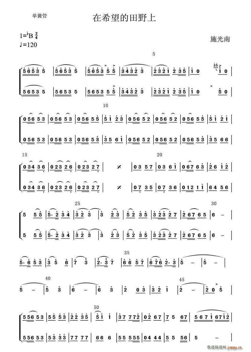 在希望的田野上 单簧管(单簧管谱)1