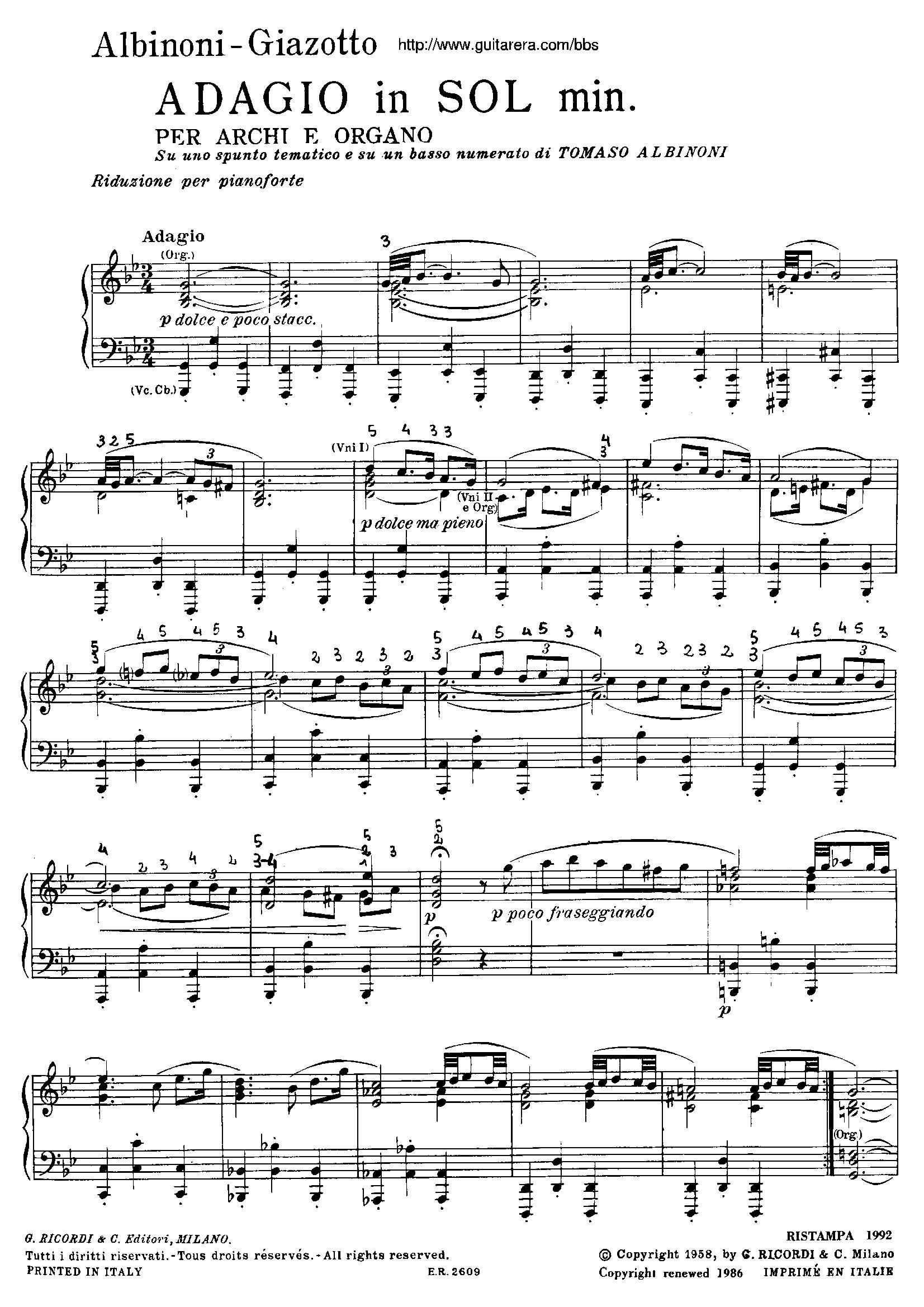 Adagio in G minor g小调柔板(钢琴谱)1