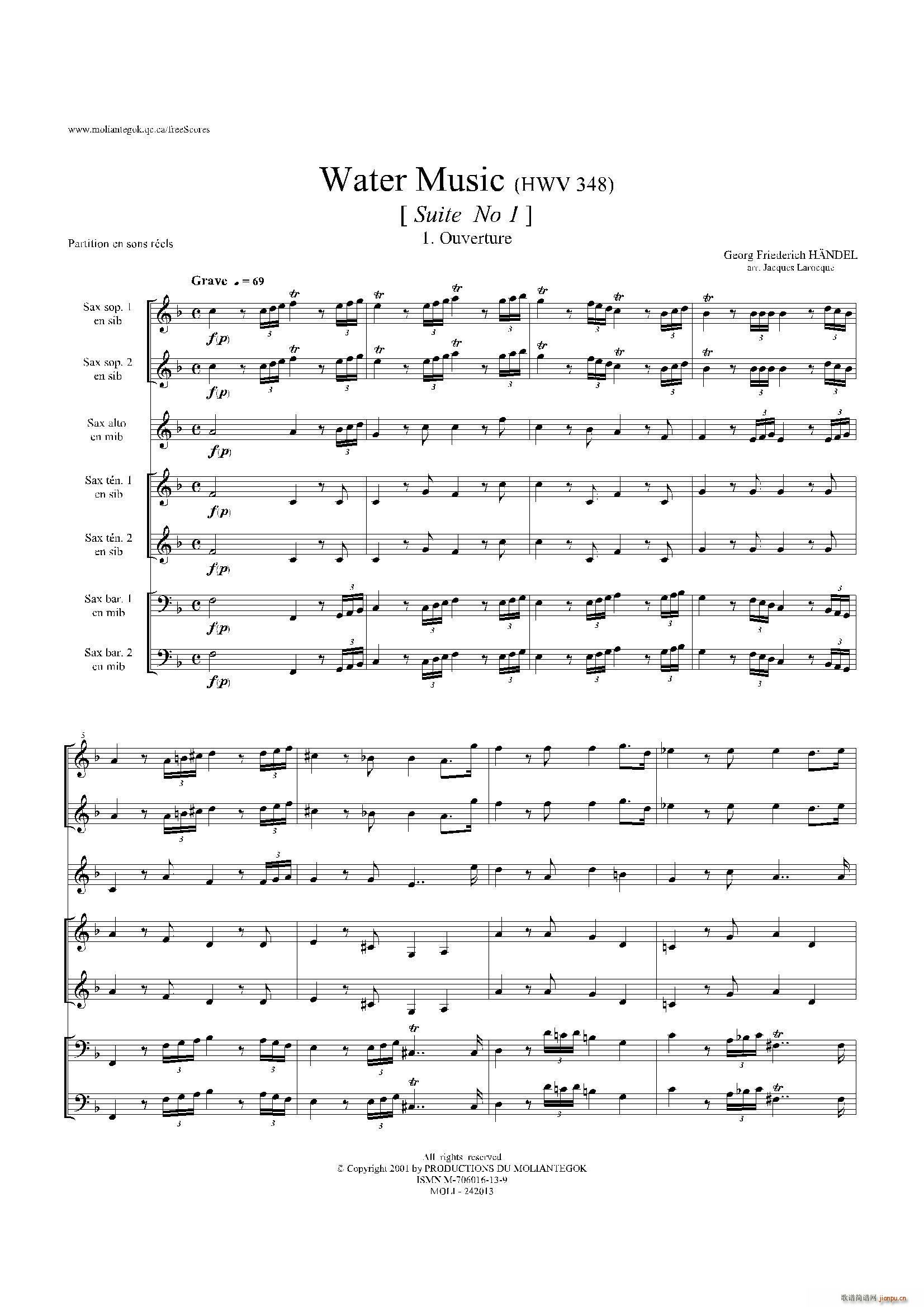 Water Music HWV 348 No 1 萨克斯合奏(总谱)1