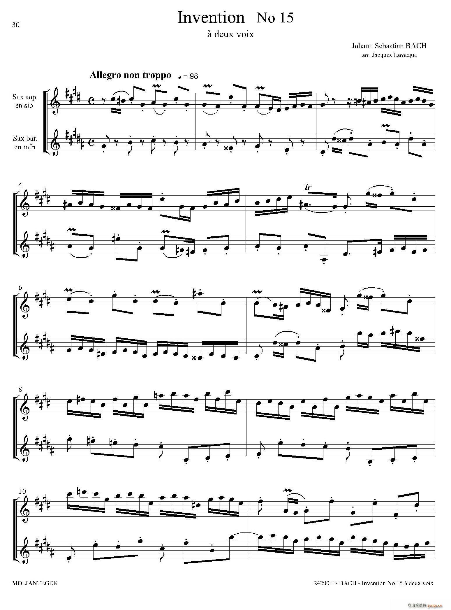 Inventions 巴赫15首创意曲 二重奏 15(总谱)1