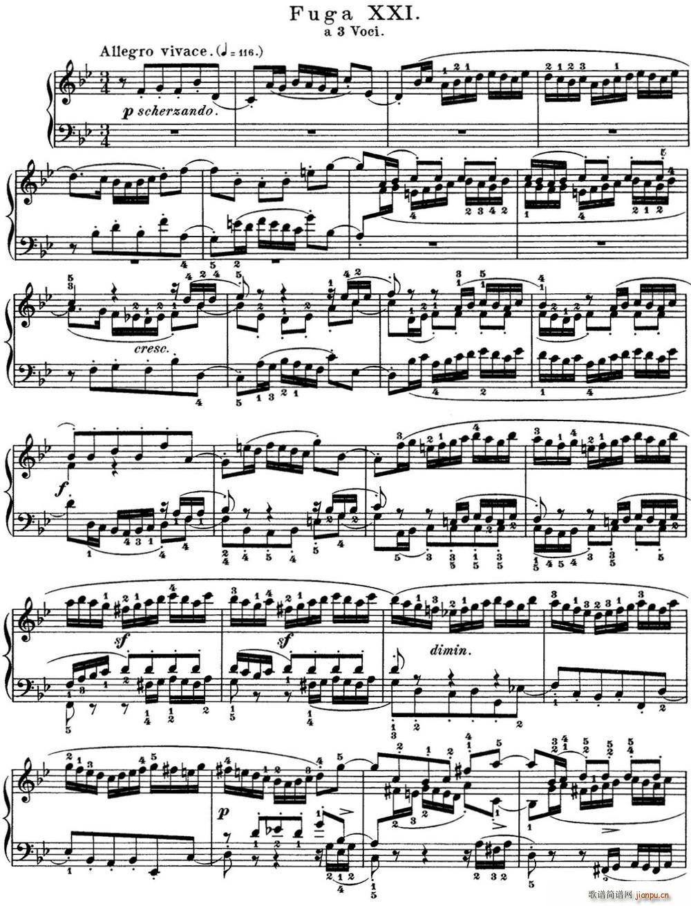 巴赫 平均律钢琴曲集 第一卷 之赋格曲 NO 21(钢琴谱)1