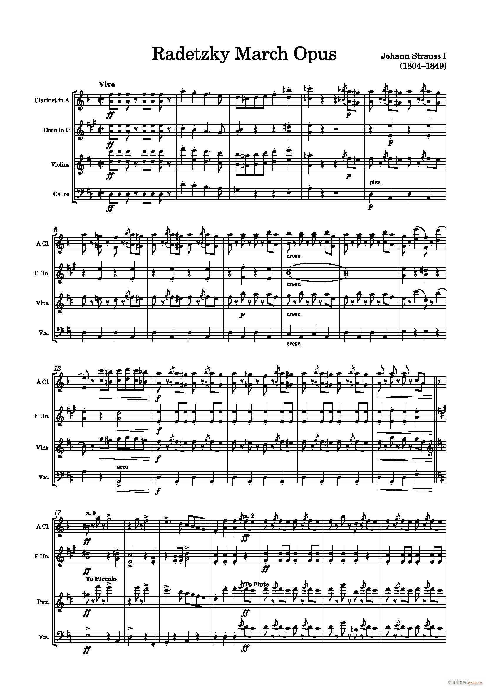 老约翰 施特劳斯 拉德茨基进行曲 混合四重奏(总谱)1