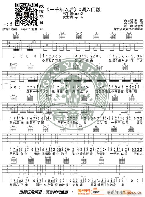 林俊杰 一千年以后 C调入门版 高音教编配 猴哥吉他教学(吉他谱)1