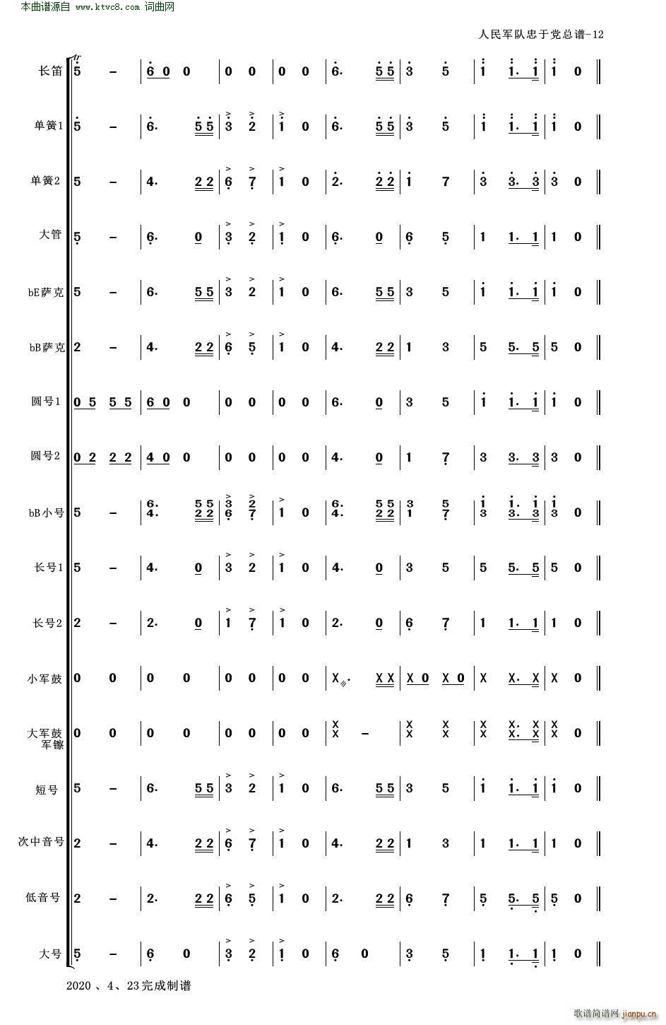 人民军队忠于党 人民军队忠于党 管乐合奏 适合业余小型管乐队(总谱)12