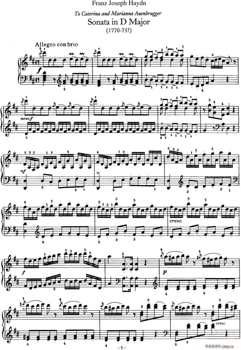 海顿 钢琴奏鸣曲 Hob XVI 37 in D major(钢琴谱)1