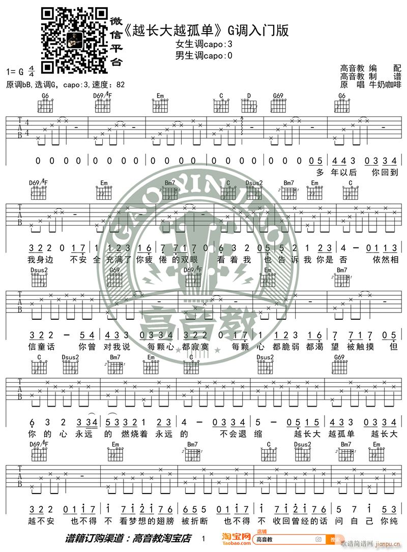 越长大越孤单 G调入门版 高音教编配 猴哥吉他教学(吉他谱)1