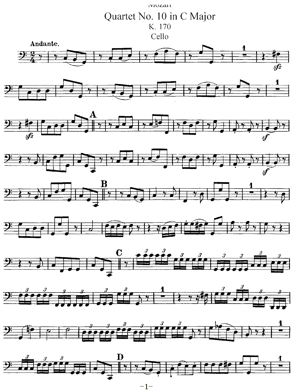 Mozart Quartet No 10 in C Major K 170 Cello(十字及以上)1