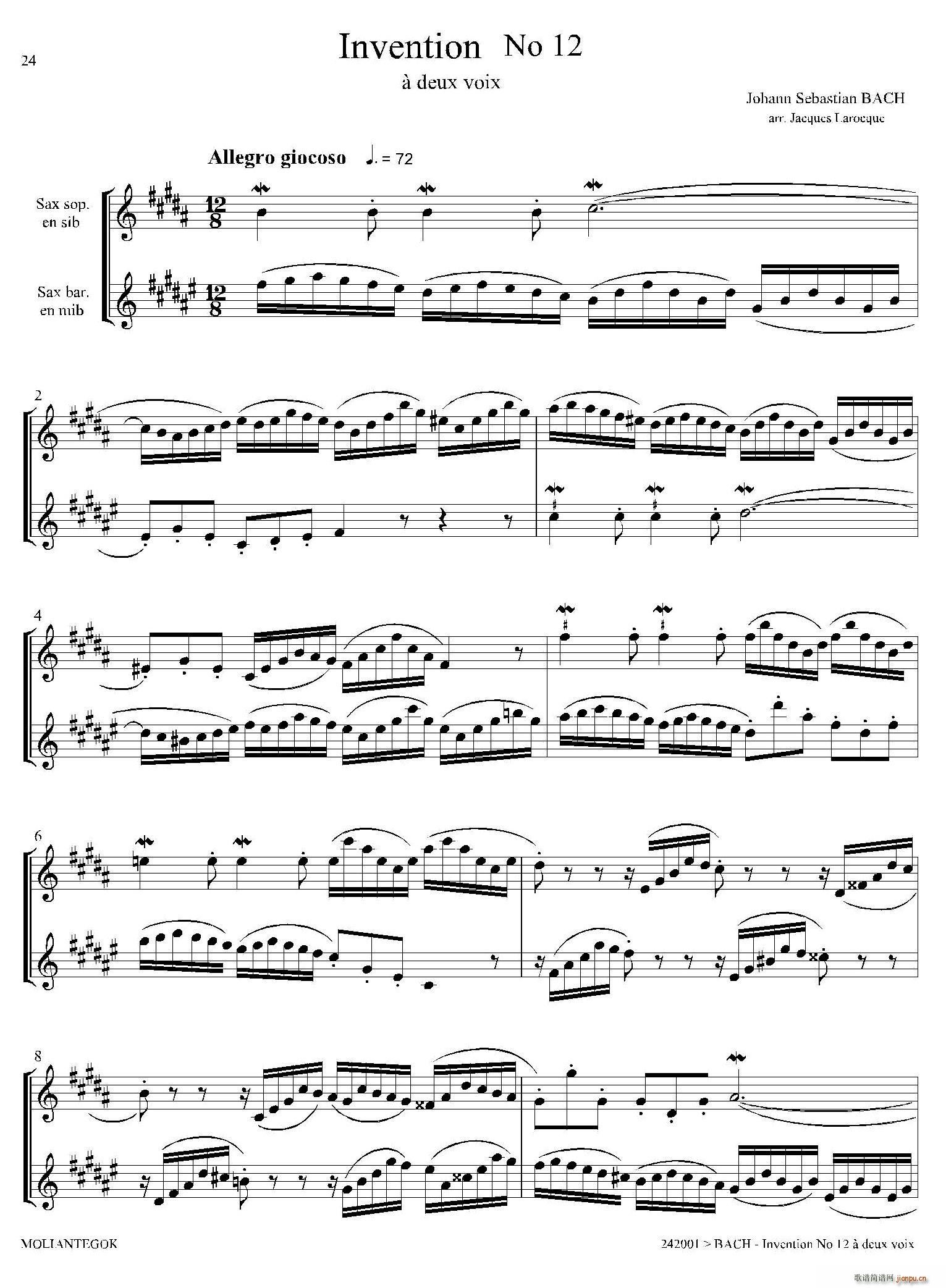 Inventions 巴赫15首创意曲 二重奏 12(总谱)1
