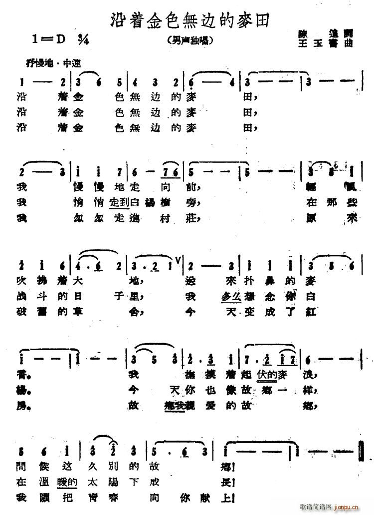 沿着金色无边的麦田(九字歌谱)1