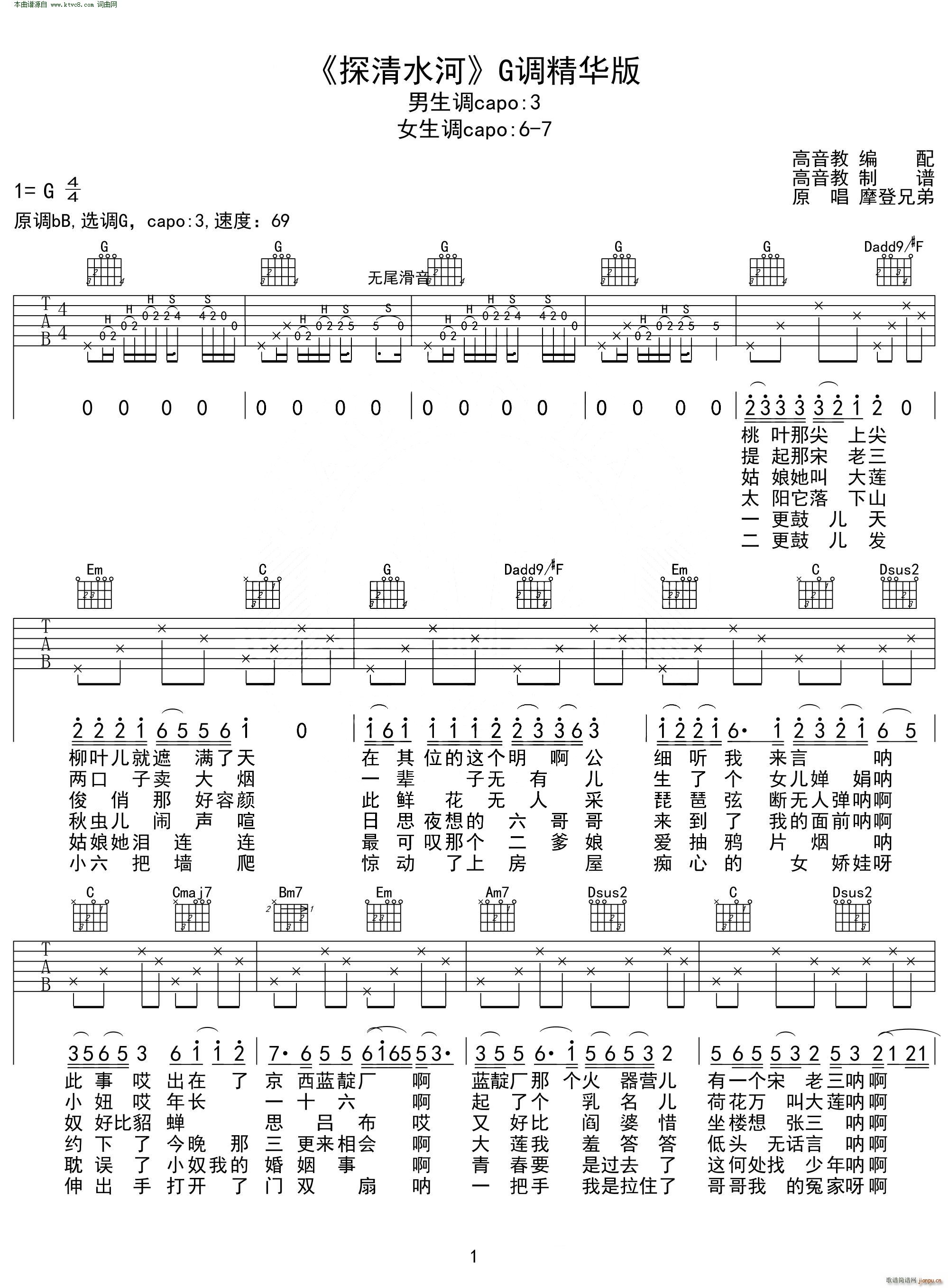 探清水河 吉他弹唱教学G调精华版(吉他谱)1