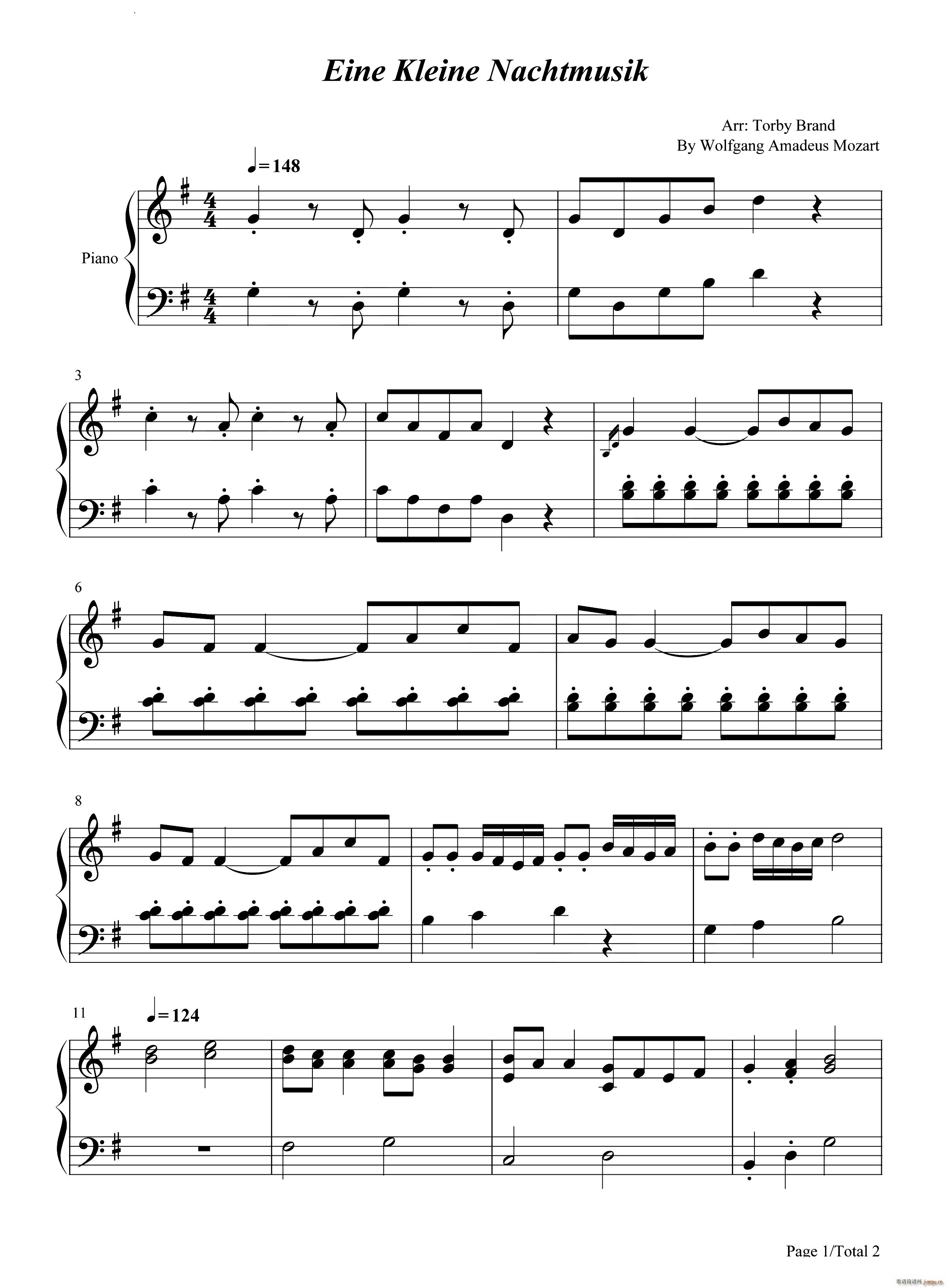 弦乐小夜曲 G大调第13号小夜曲 Eine kleine Nachtmusik 简单版(钢琴谱)1