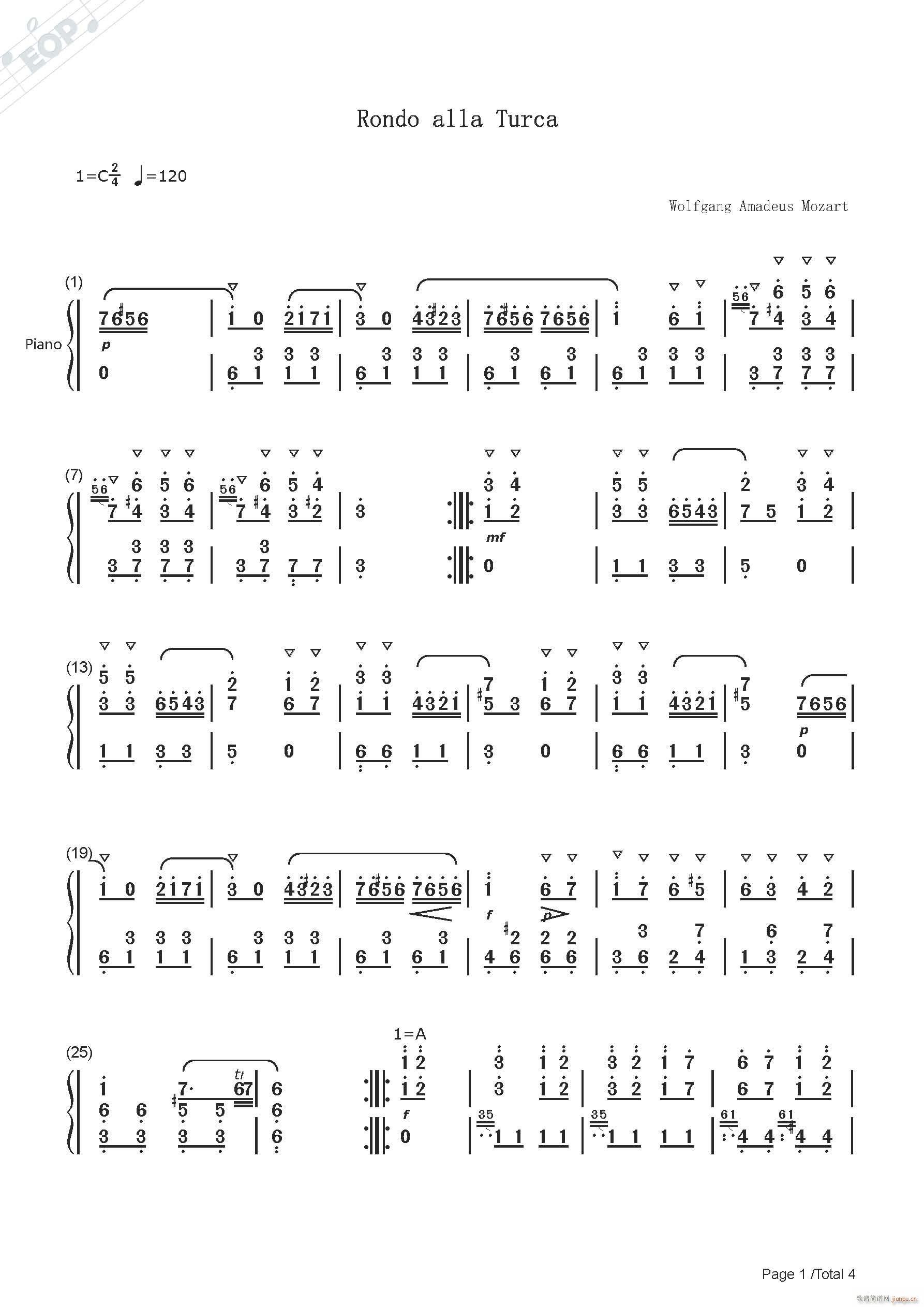莫扎特 土耳其进行曲 钢琴(钢琴谱)1