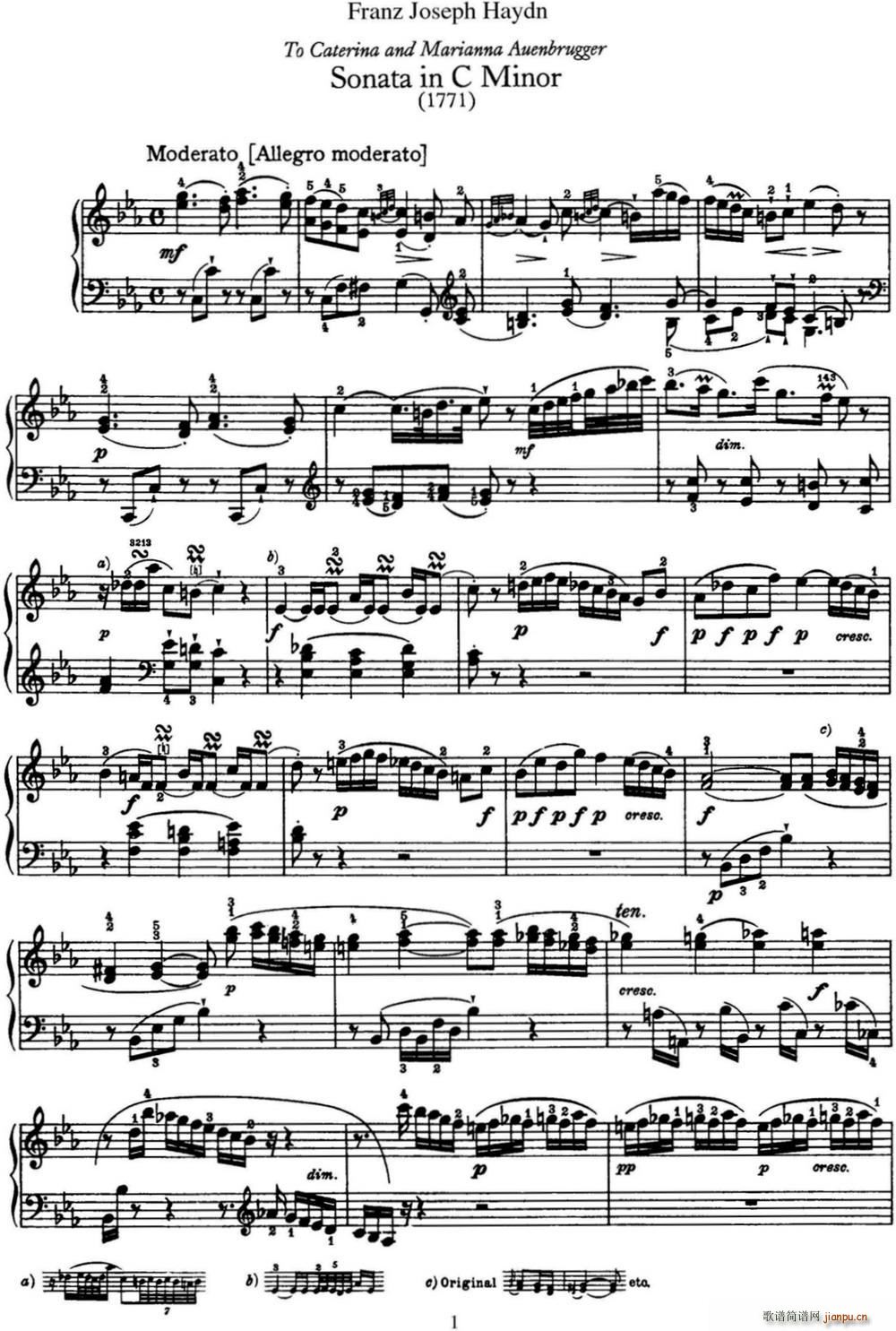 海顿 钢琴奏鸣曲 Hob XVI 20 in C minor(钢琴谱)1
