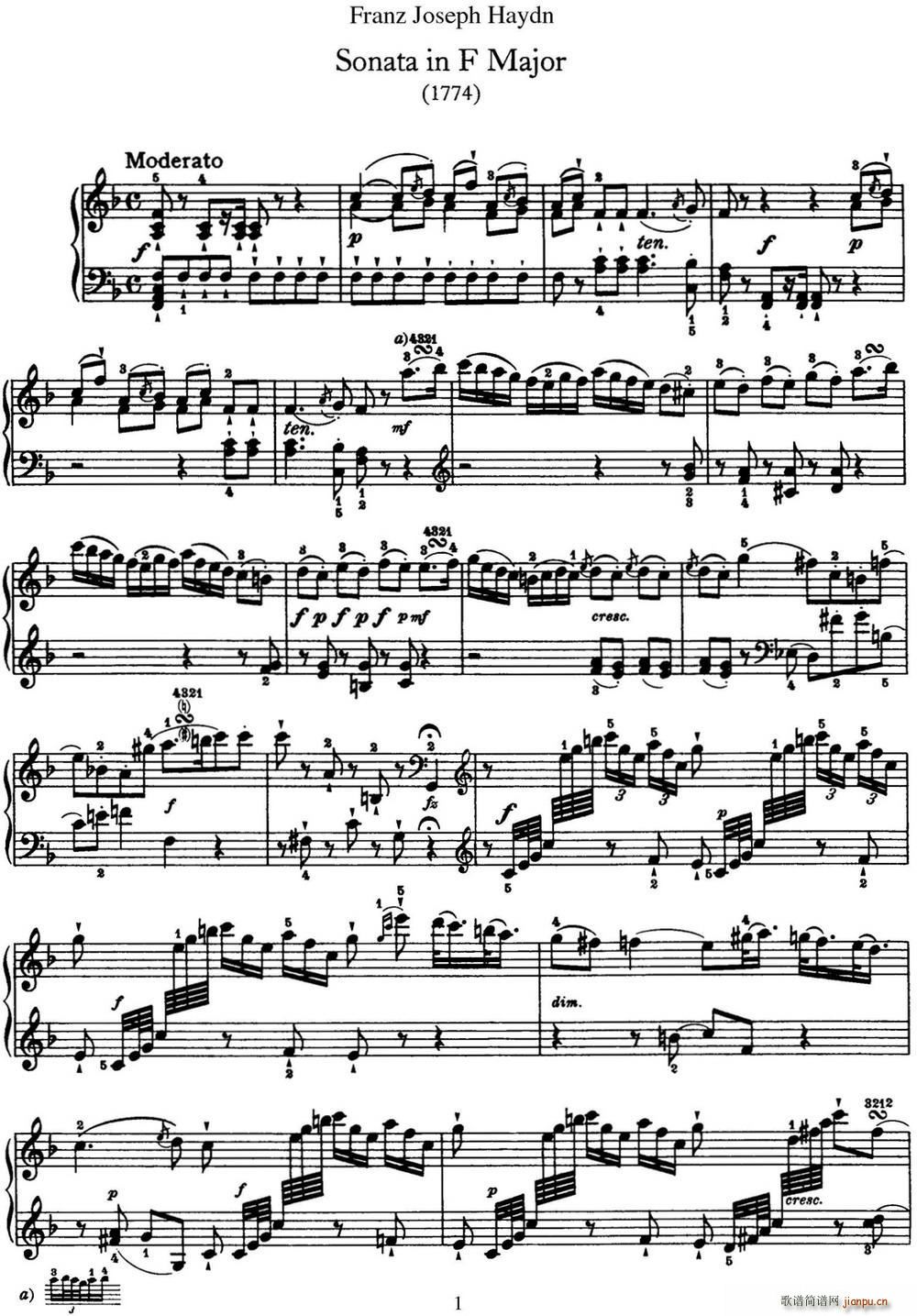 海顿 钢琴奏鸣曲 Hob XVI 29 in F major(钢琴谱)1