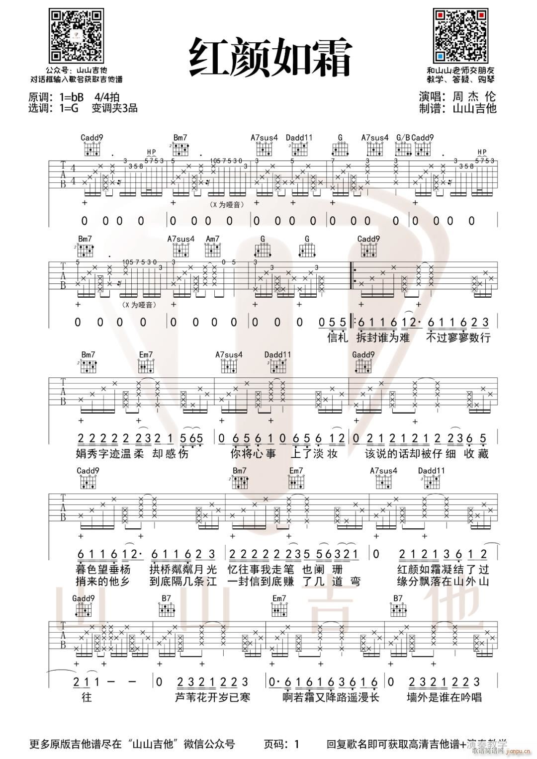 红颜如霜 G调原版指法(吉他谱)1