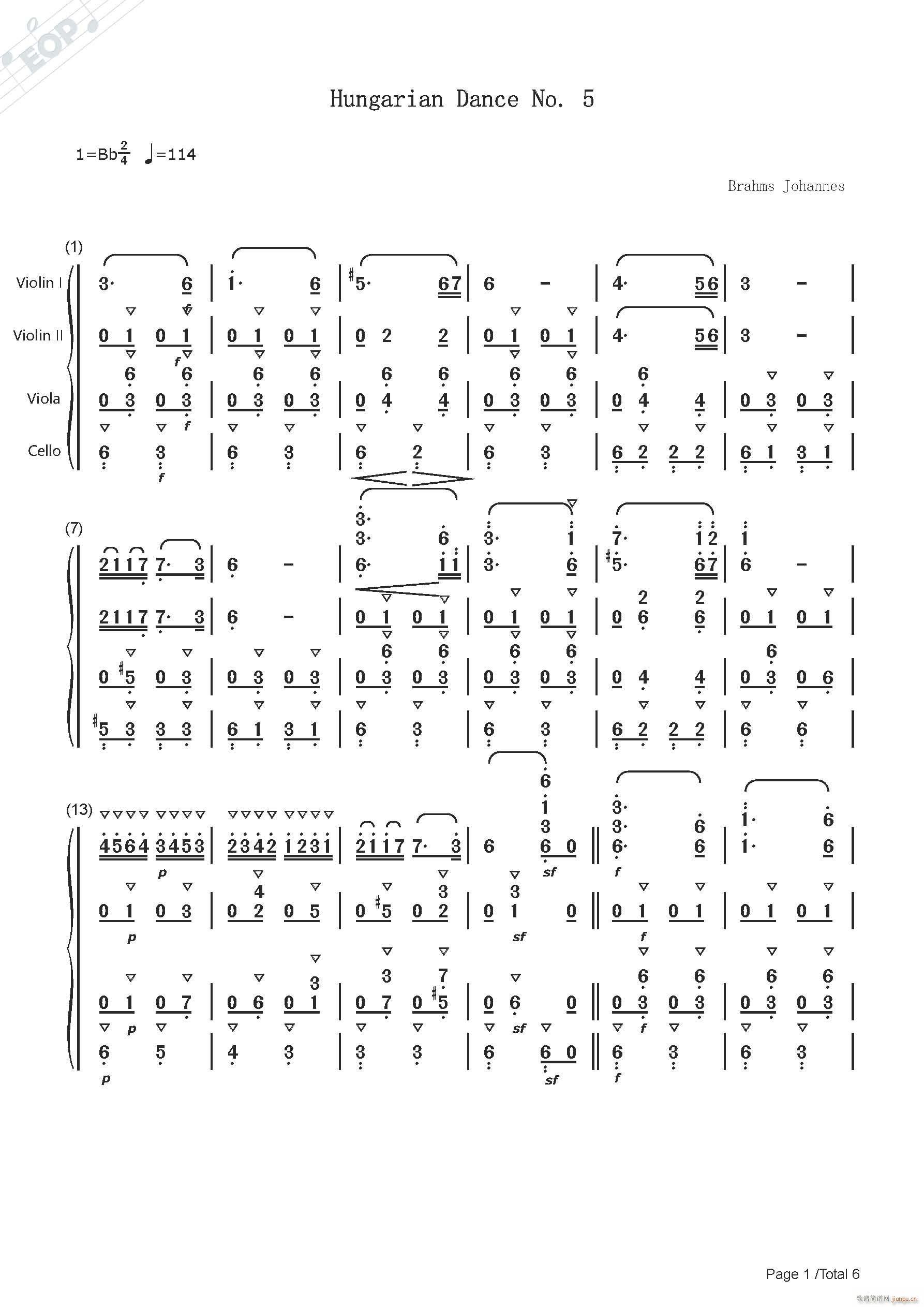 勃拉姆斯 第五号匈牙利舞曲 弦乐四重奏(总谱)1