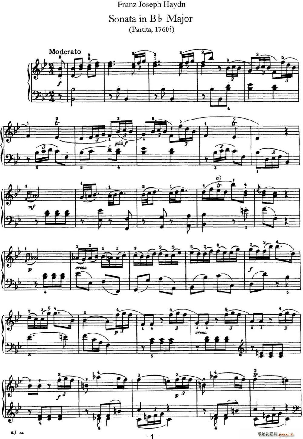 海顿 钢琴奏鸣曲 Hob XVI 2 Partita B flat major(钢琴谱)1