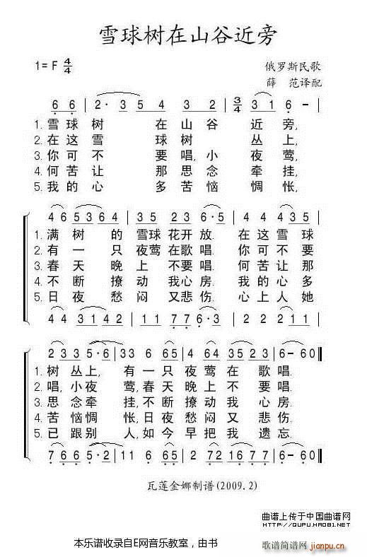 雪球树在山谷近旁 俄罗斯民歌 二声部(十字及以上)1