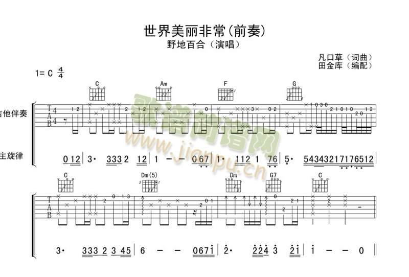 世界美丽非常【前奏〗木吉他版本！(吉他谱)1