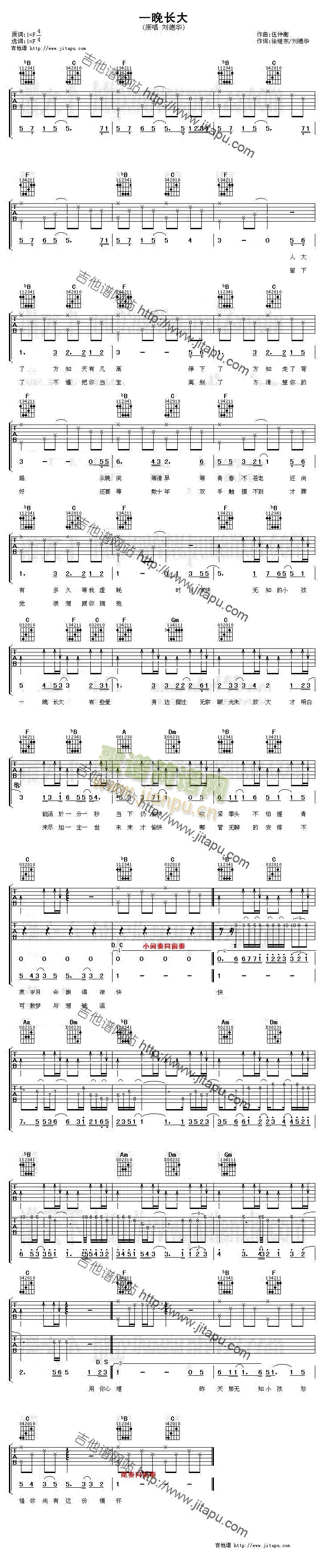 一晚长大(吉他谱)1