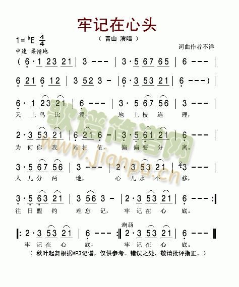 牢记在心头(五字歌谱)1