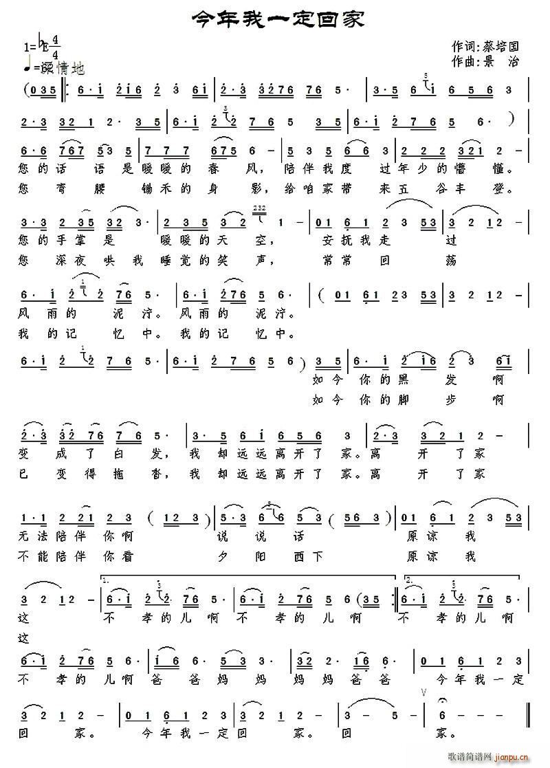 今年我一定回家(七字歌谱)1