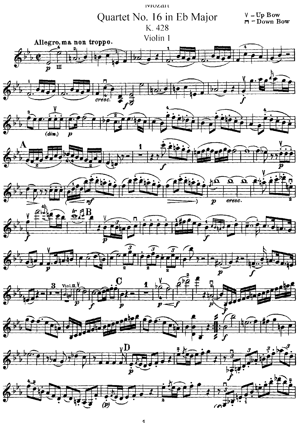 Mozart Quartet No 16 in Eb Major K 428 Violin 1(十字及以上)1