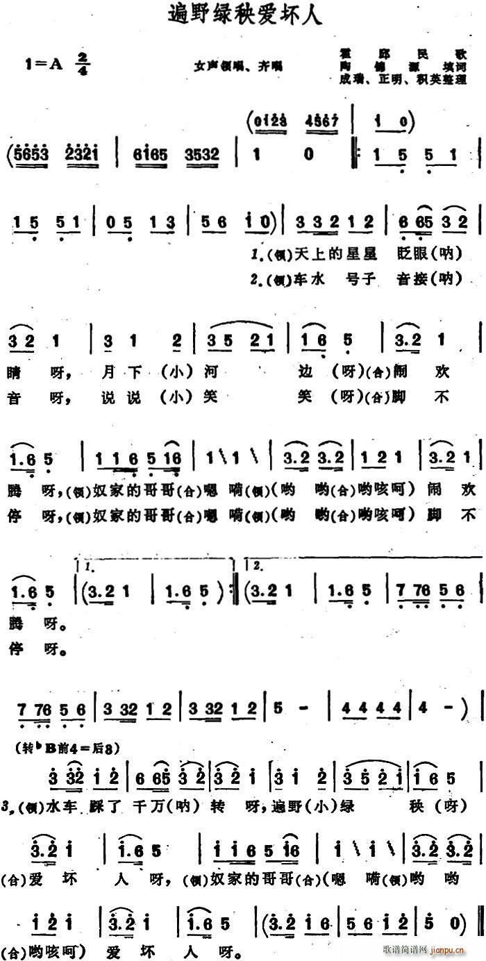 遍野绿秧爱坏人 安徽霍邱民歌(十字及以上)1