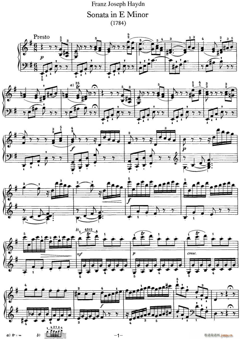 海顿 钢琴奏鸣曲 Hob XVI 34 in E minor(钢琴谱)1