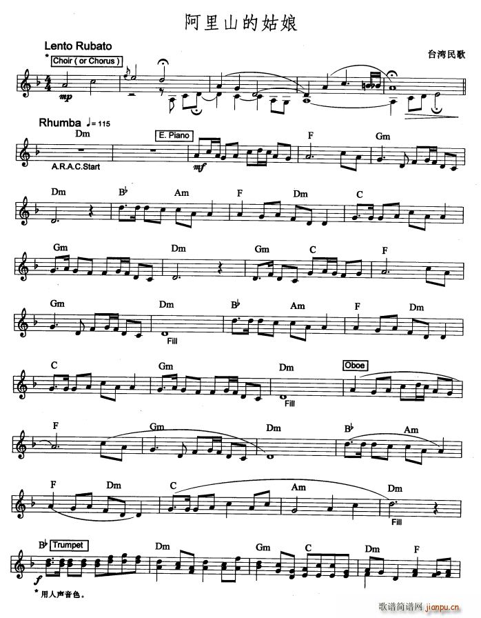 阿里山姑娘 台湾民歌 爵士乐版(电子琴谱)1