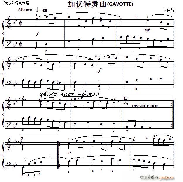 巴赫初级钢琴曲之二十 加伏特舞曲(钢琴谱)1