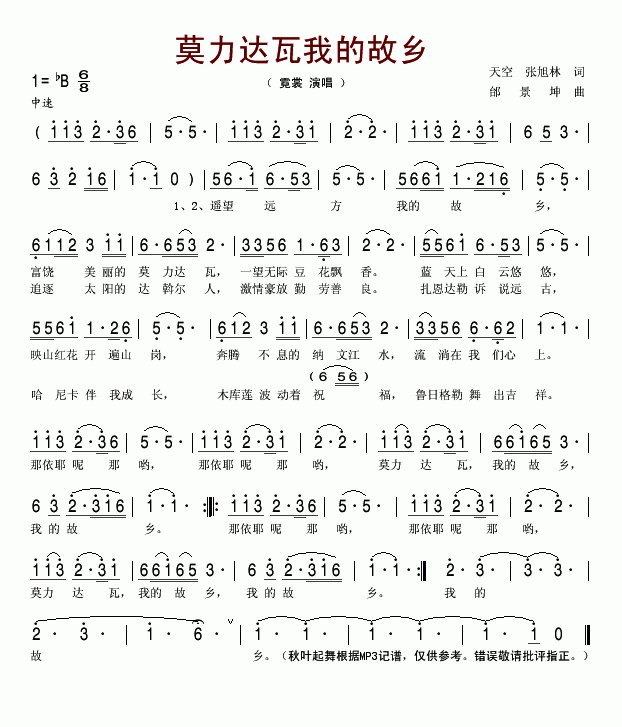 莫力达瓦我的故乡(八字歌谱)1