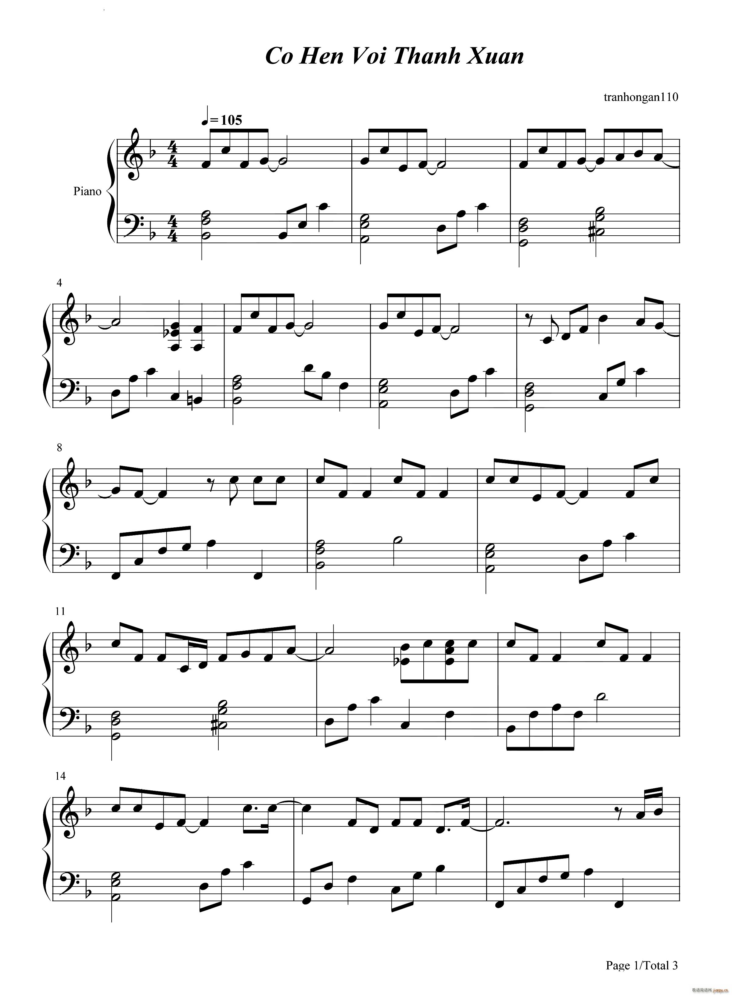 Có H?n V?i Thanh Xuan 与青春相约(钢琴谱)1