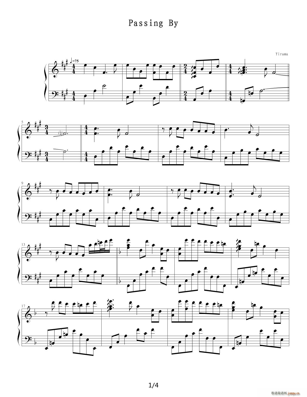 Passing By A调(钢琴谱)1