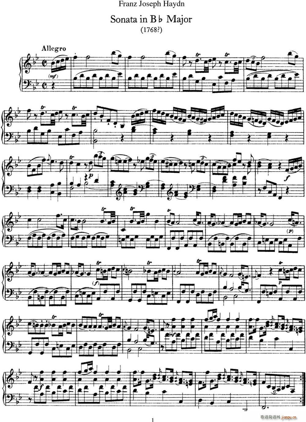 海顿 钢琴奏鸣曲 Hob XVI 17 in B flat major(钢琴谱)1