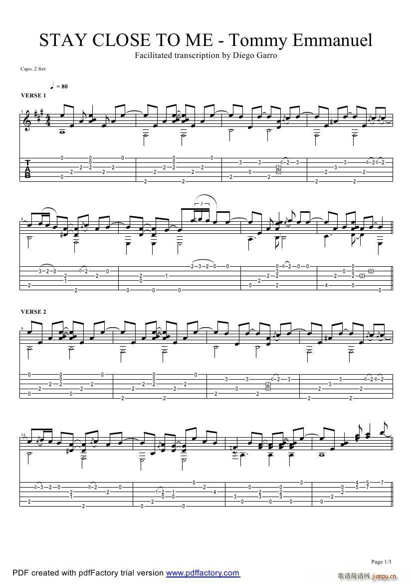 tommy emmanuel stay close to me version 指弹吉它(吉他谱)1