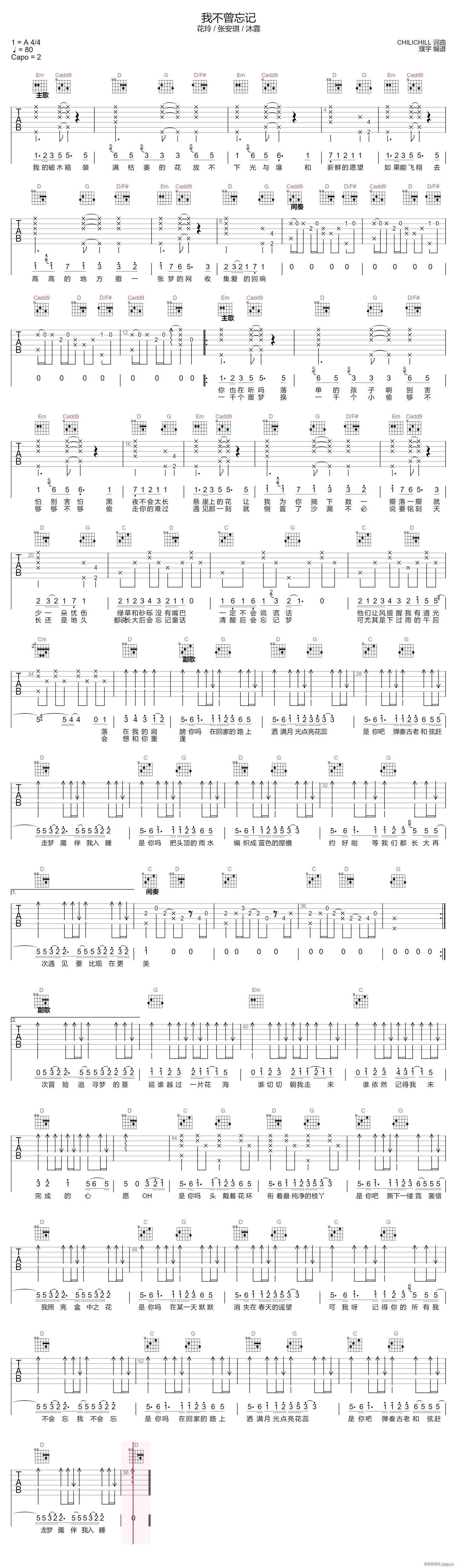 我不曾忘记 张安琪 沐霏 G调(吉他谱)1