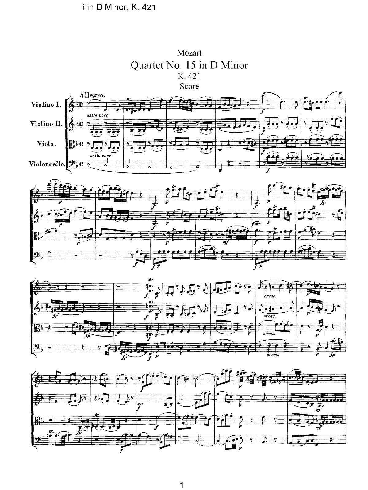 Mozart Quartet No 15 in D Minor K 421(总谱)1