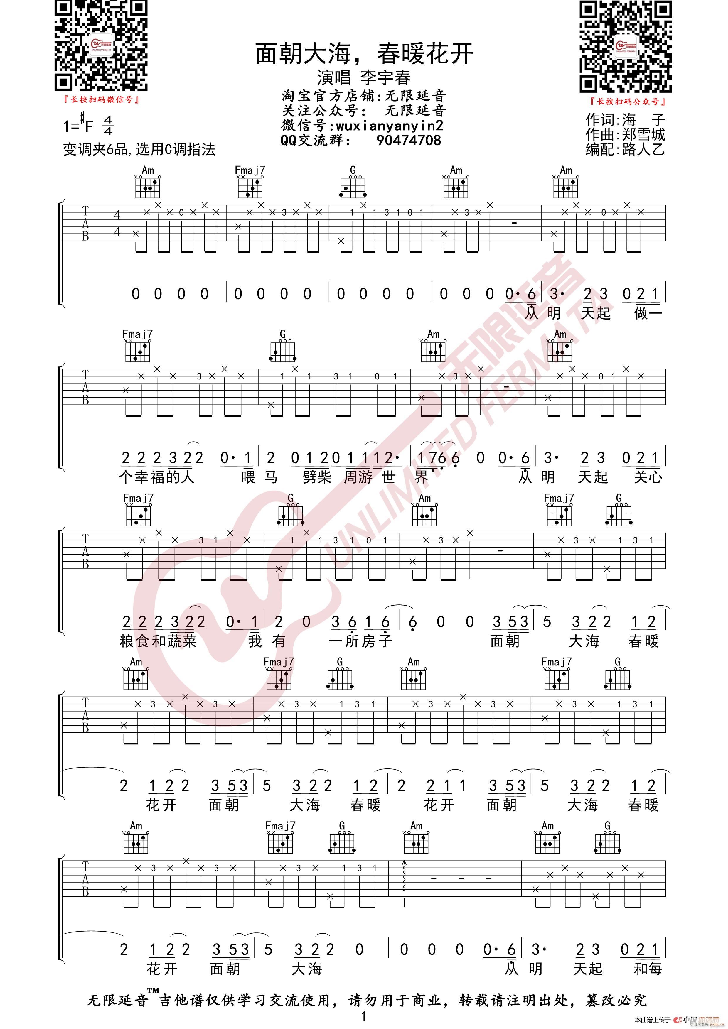 李宇春 面朝大海 春暖花开 无限延音编配(吉他谱)1