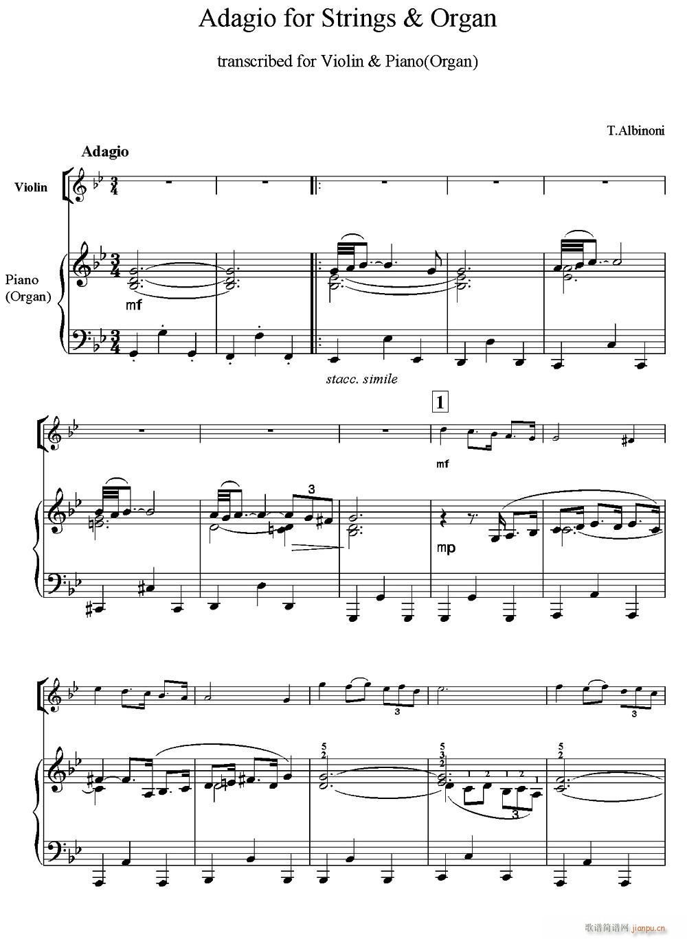 Adagio for Strings Organ 柔板 钢琴伴奏(钢琴谱)1