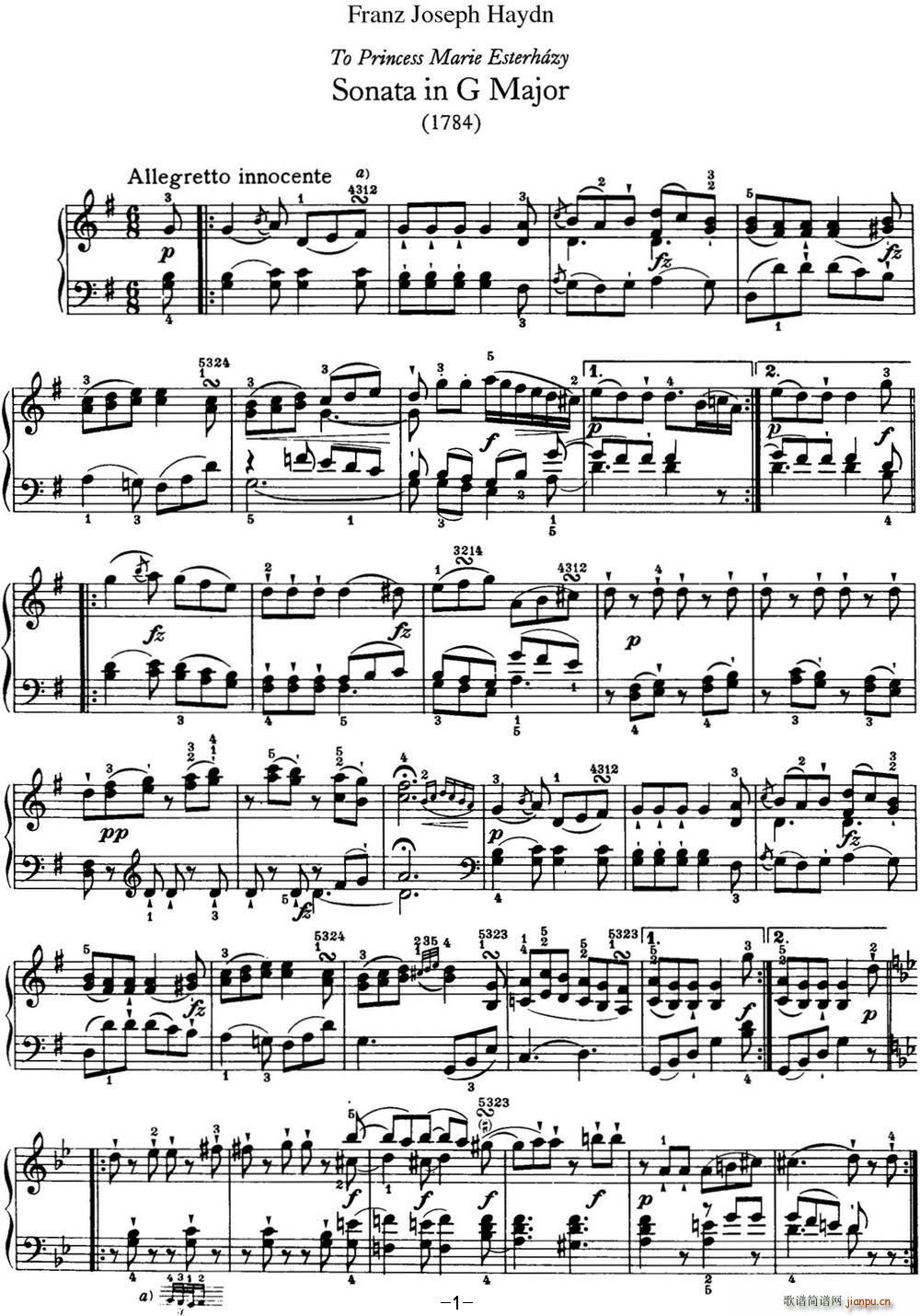海顿 钢琴奏鸣曲 Hob XVI 40 in G major(钢琴谱)1