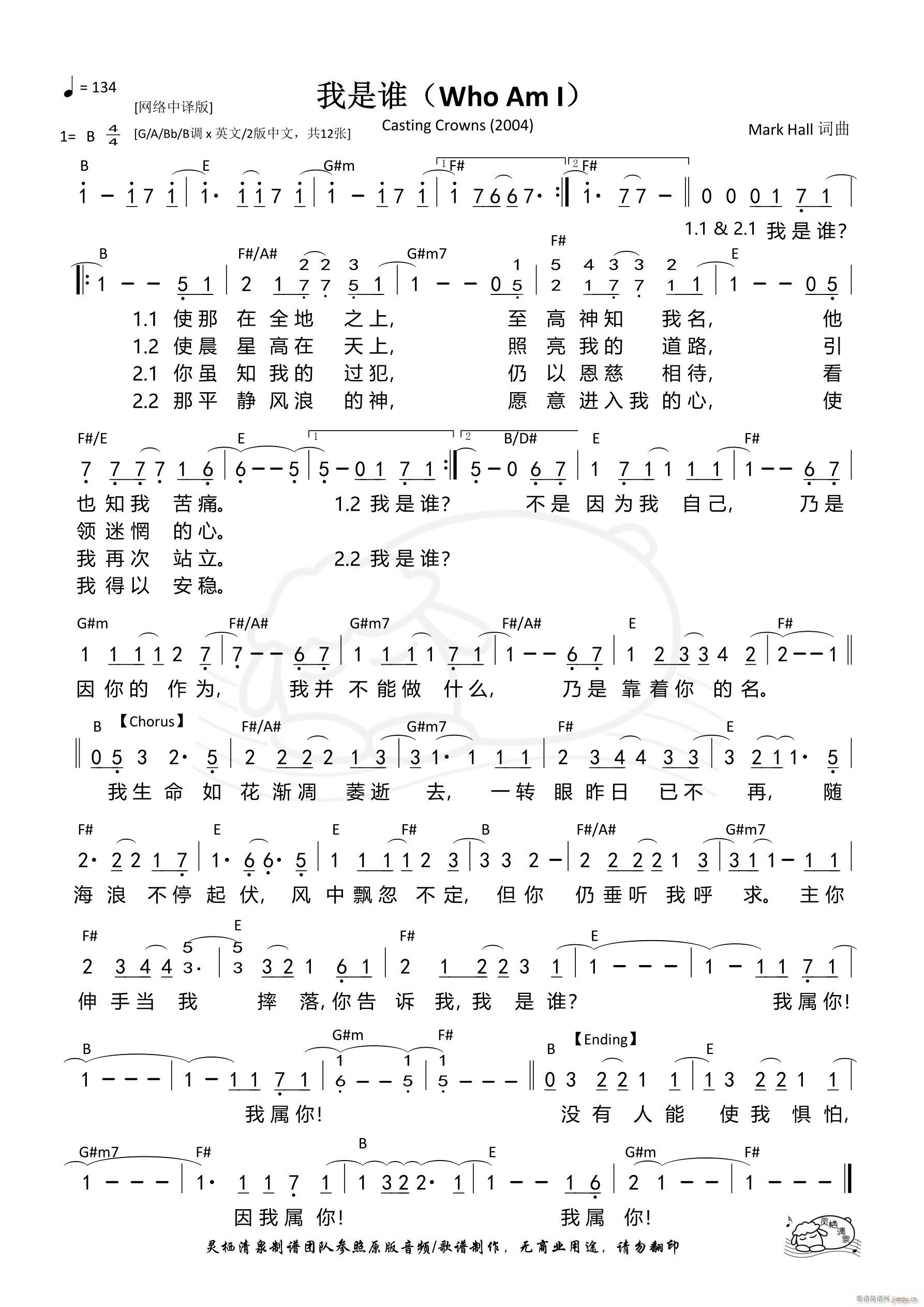 我是谁 Who Am I 网络版B调 第1116首(十字及以上)1