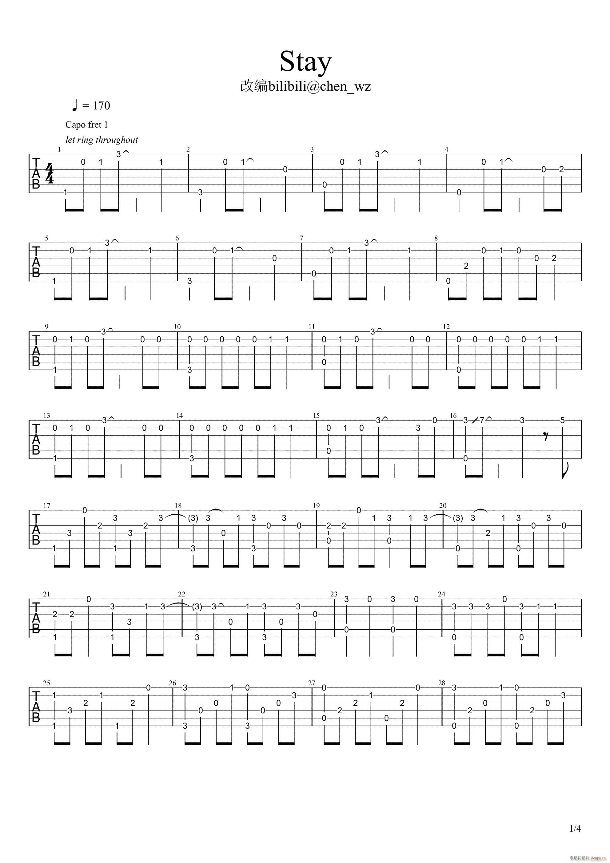 Stay指弹 吉他独奏(吉他谱)1