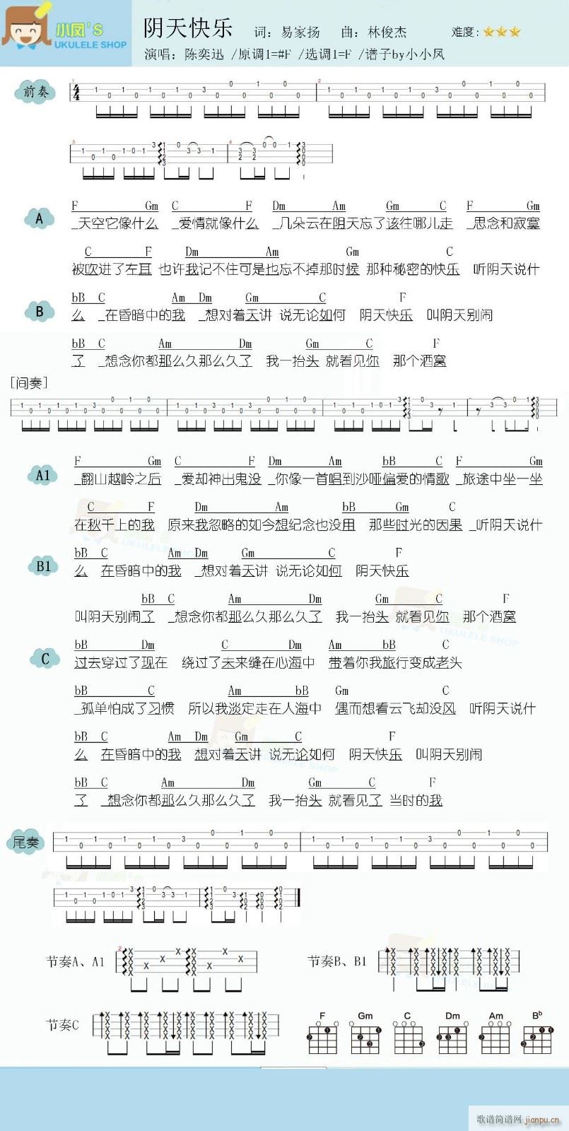 阴天快乐尤克里里谱 F调带前奏(十字及以上)1