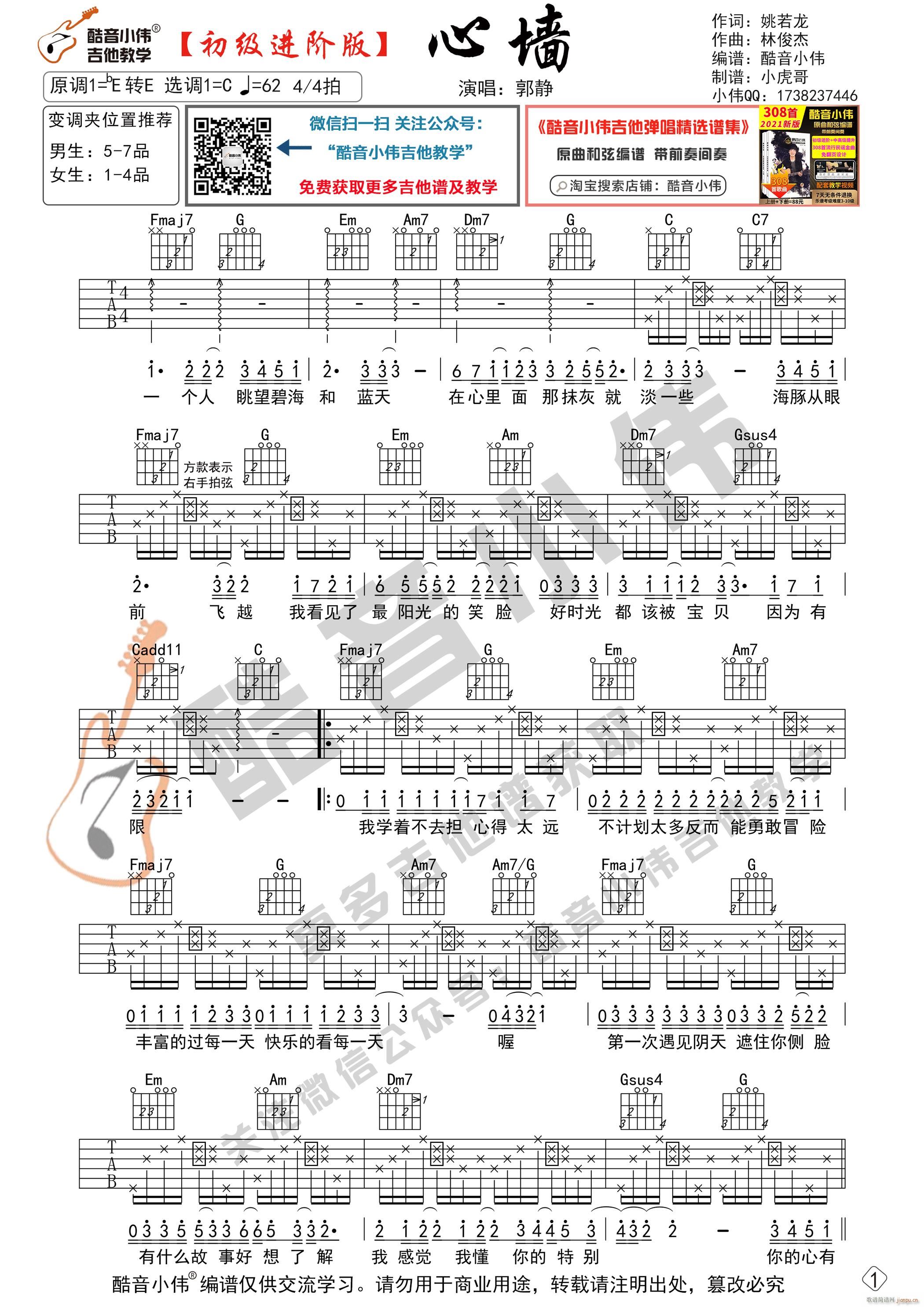 心墙 初级进阶版 酷音小伟吉他教学(吉他谱)1