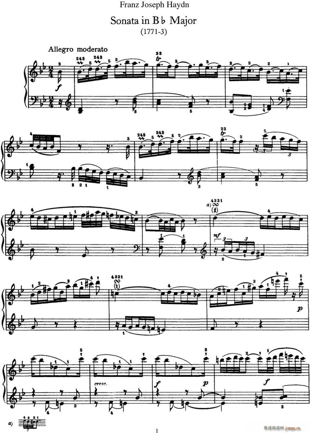 海顿 钢琴奏鸣曲 Hob XVI 18 in B flat major(钢琴谱)1