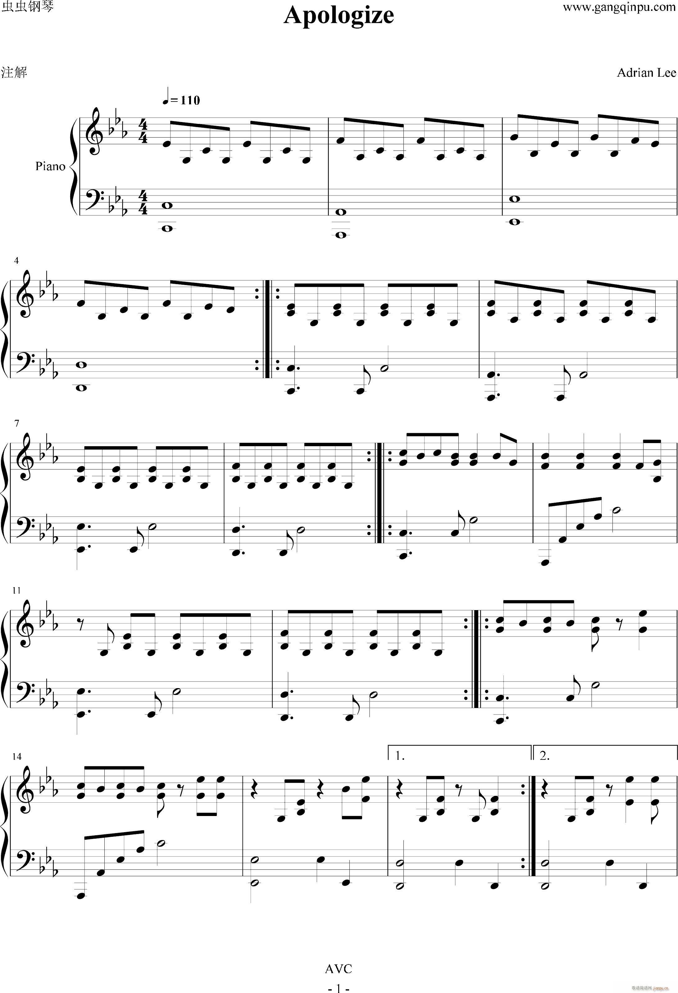 Apologize Adrian Lee版本(钢琴谱)1
